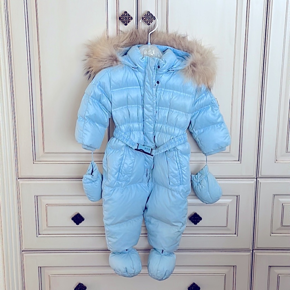 Add Down Snowsuit With Detachable Hood, Fur, Mittens, Booties - Size 9m